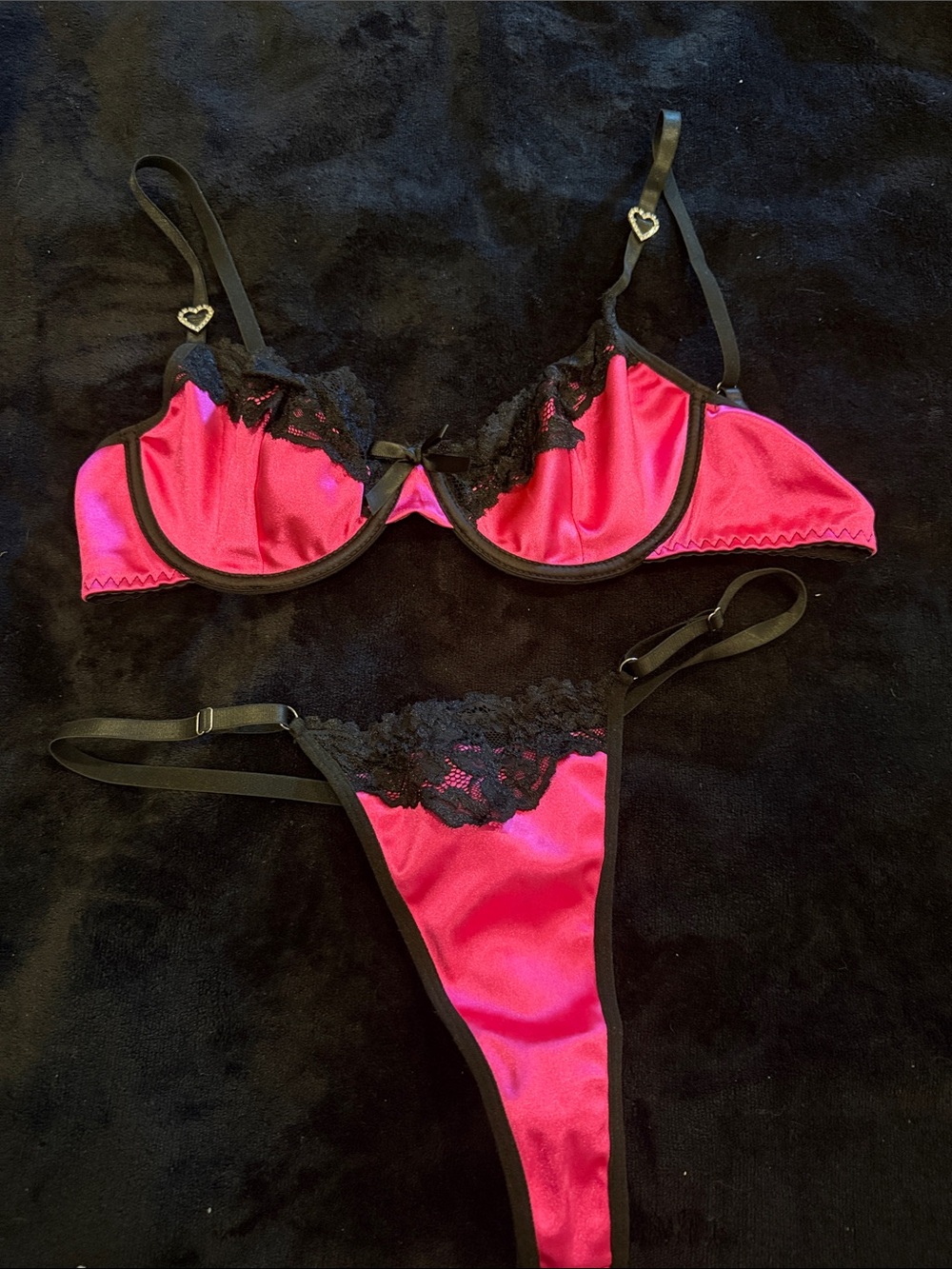 Satin Lace Underwire Bra & Thong Set in Hot Pink and Black